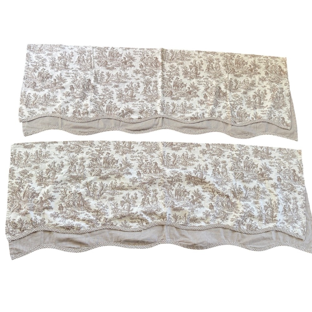 Waverly Home Classics Brown Toile Gingham Scalloped Valances Set of 2 52x18